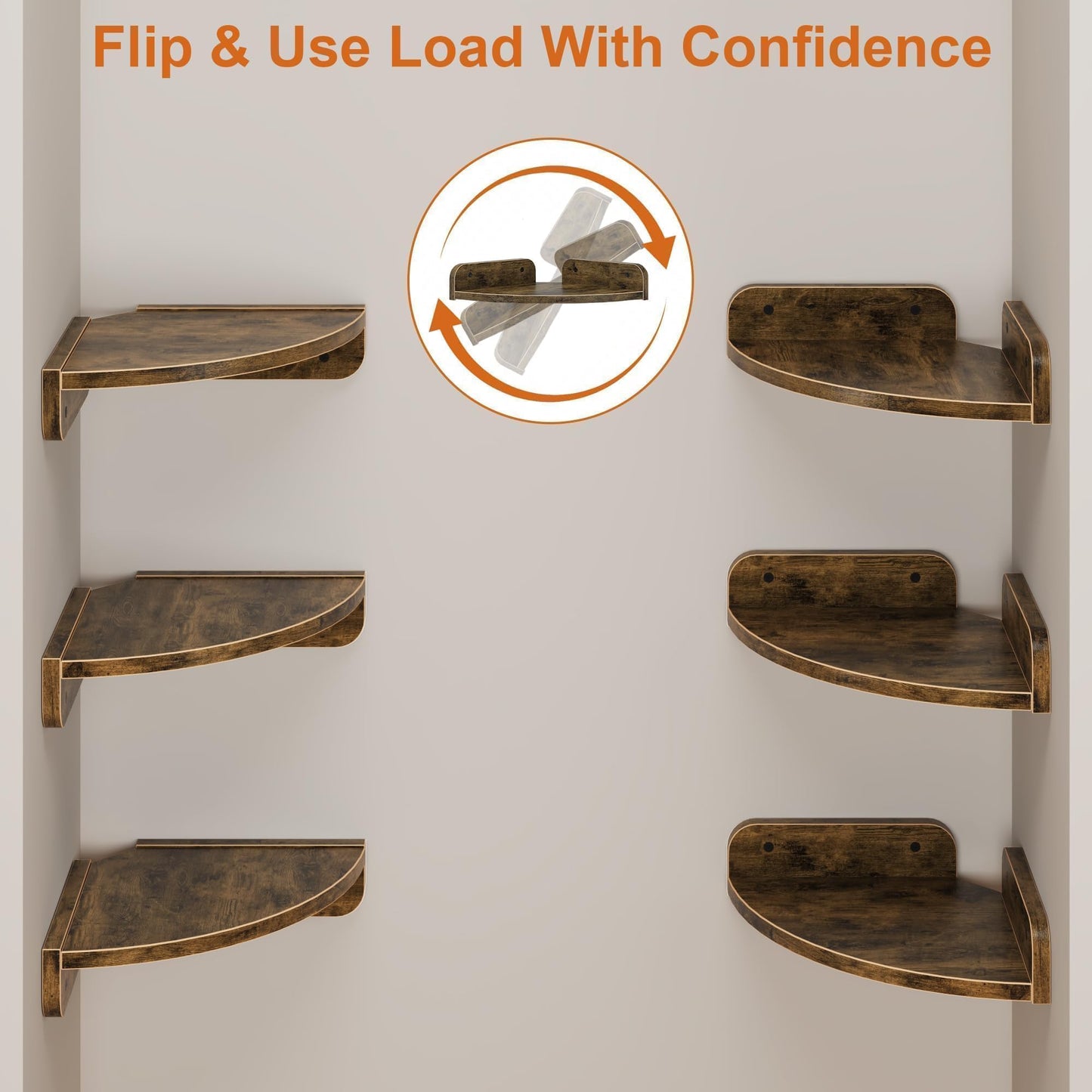 YAOHUOO Corner Shelf Wall Mounted with Light, Set of 3 Corner Floating Shelves with Cord Hole for Cable Box, Round End Wall Mounted Floating Shelf for Bedroom, Living Room and Kitchen, Rustic Brown