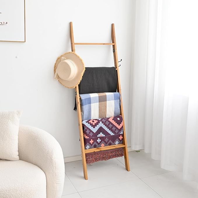 FUIN 58in Blanket Ladder, Wood Towel Ladder, Rustic Decorative Ladder for Blankets, Farmhouse Wooden Quilt Rack for Living Room & Bathroom