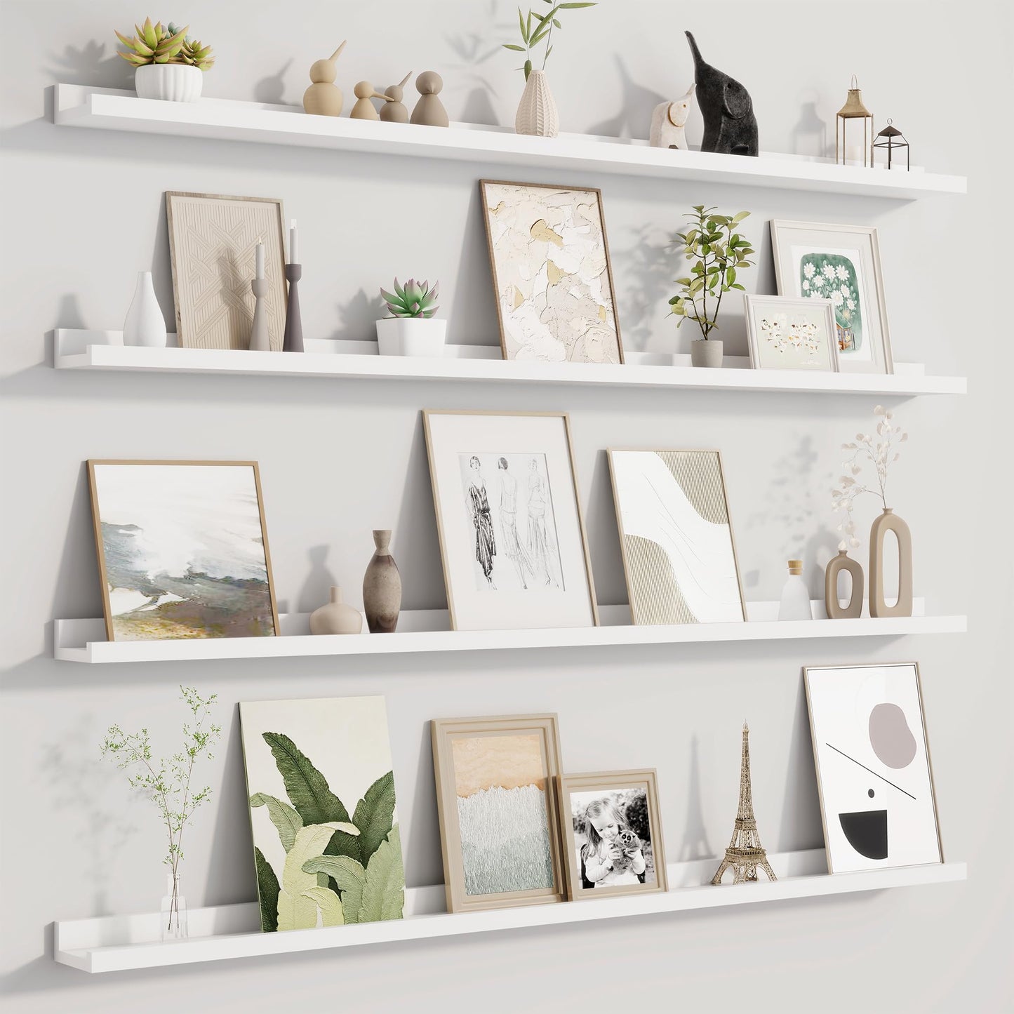 Fun Memories Picture Ledge Shelf for Wall, Floating Shelves Set of 4, 48 Inch Long Nursery Book Shelves for Toys Storage, Kids Bookshelf Wall Mounted for Books Photo Frames, White