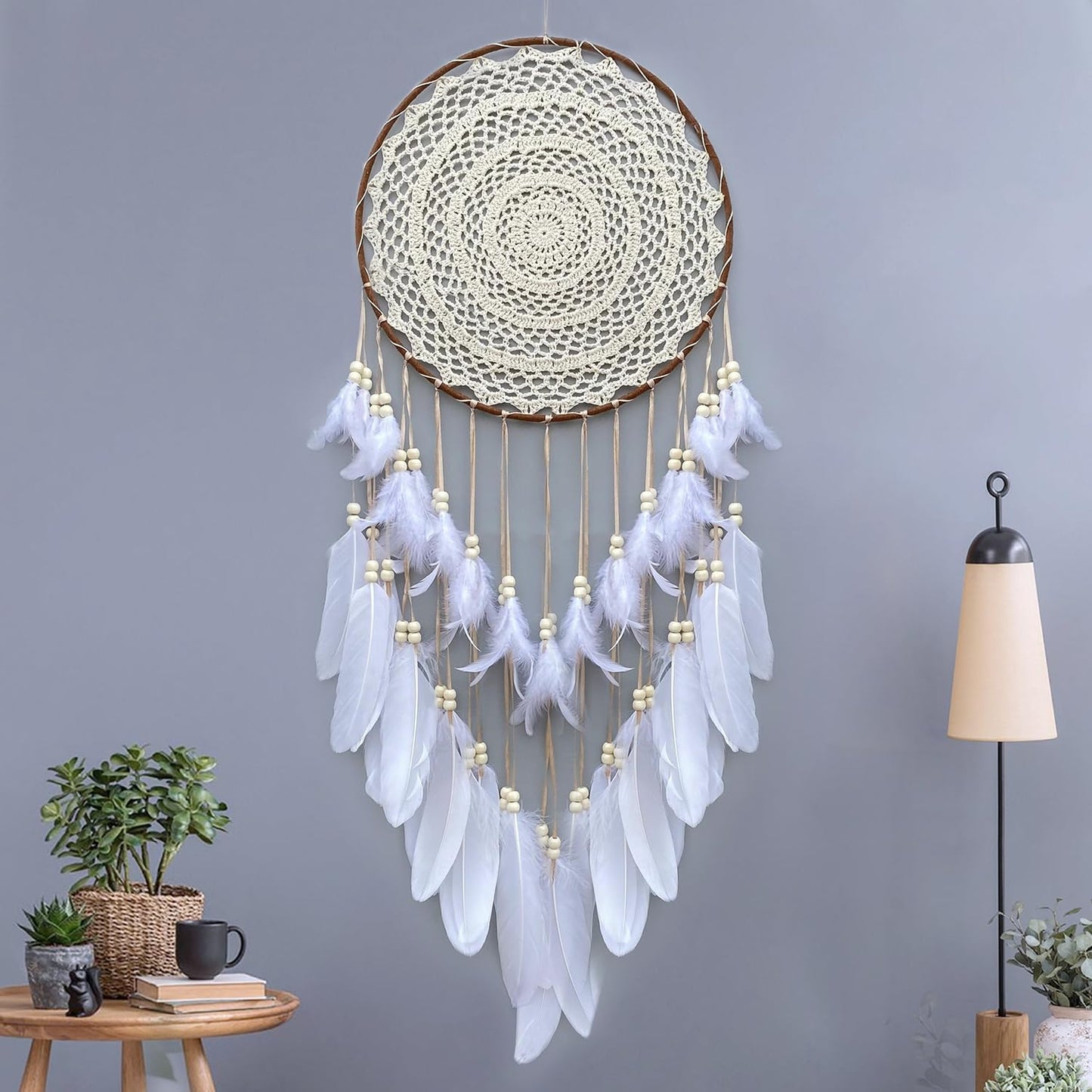 Malicosmile Large White Dream Catcher, Handmade Big Dream Catchers for Bedroom Wall Hanging Wedding Party Decor with a Greeting Card Gift (11.8 Inches in Diameter)