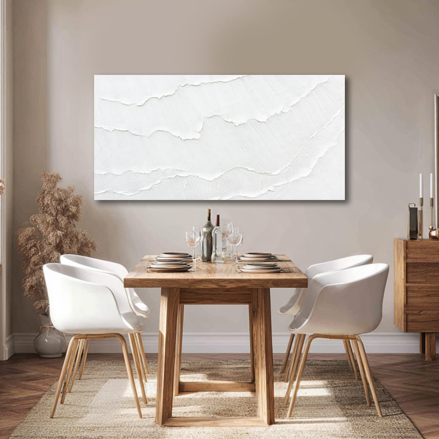 WINKAILIN White Abstract Textured Wall Art Modern 24x48 inch Canvas Ocean Wave Artwork Minimalist Hand-drawn Painting Contemporary White Posters Print for Living Room Bedroom Office Décor