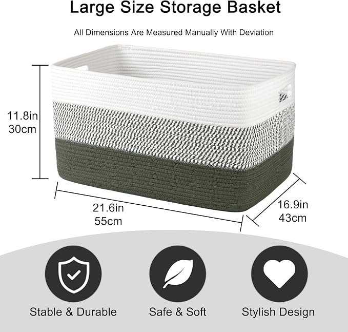OIAHOMY Large Blanket Basket, 22”x17”x12” Rectangle Woven Baskets, Nursery Blanket Storage Living Room, Toy Storage With Handle, Large Baskets for Organizing-Green/White