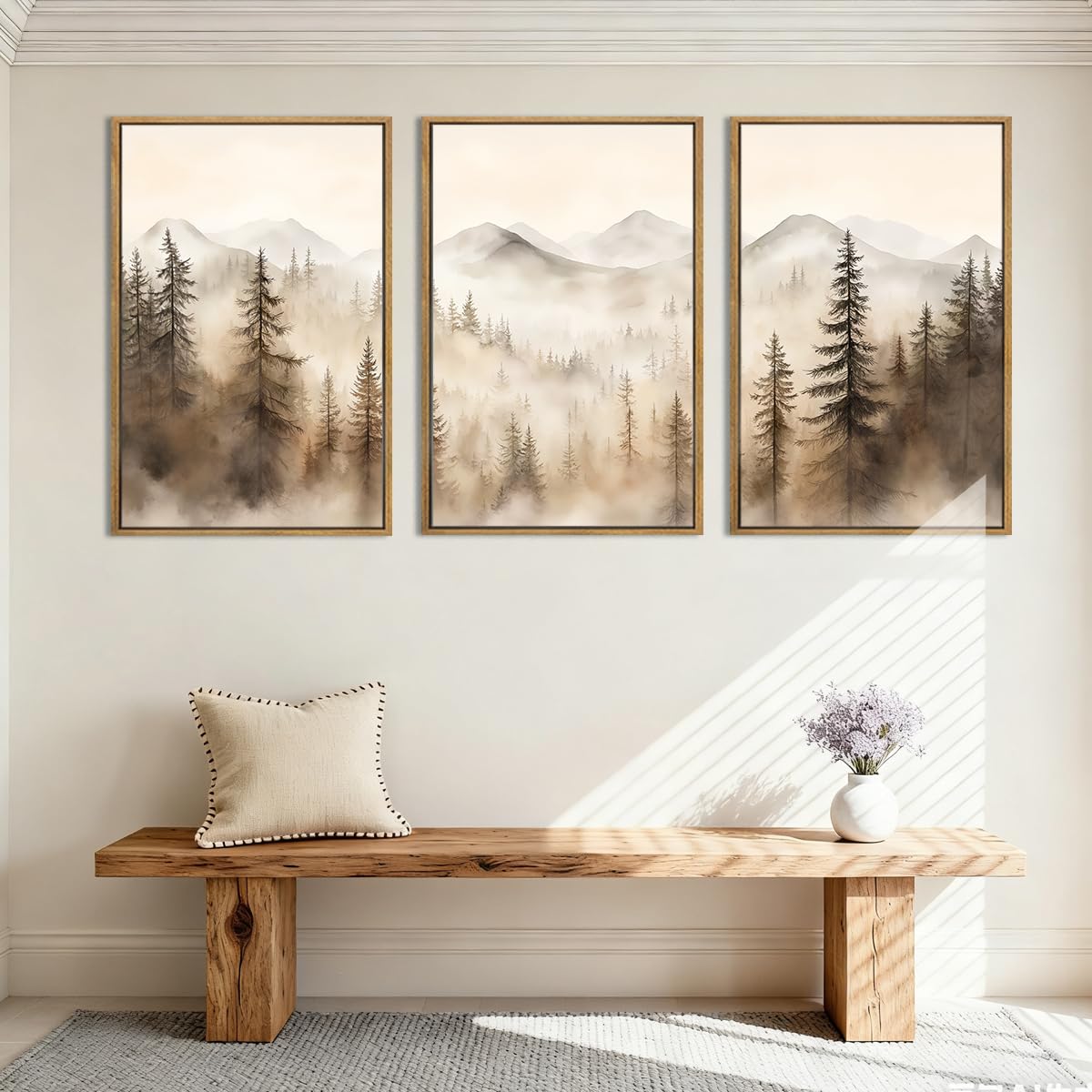 IARTTOP Large Mountain Forest Framed Canvas Wall Art 16x24 Inch Set of 3 Abstract Misty Woodland Painting Modern Farmhouse Art Prints for Living room Dining room