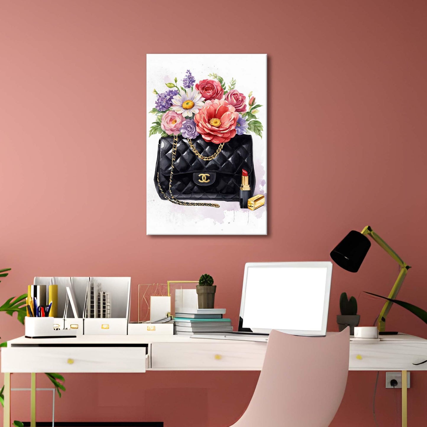 ARTISTIC PATH Luxury Handbag Canvas Wall Art: Fashion Floral Painting Lipstick Picture Print Chic Flower Painting for Bedroom or Living Room