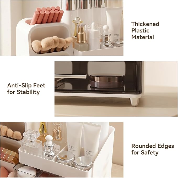 Brothersbox Makeup Organizer with Brush Holder for Vanity, Large Countertop Skincare Storage with 2 Drawers, Holds Lipsticks, Nail Polishes, Perfumes, Brushes - Gift for Women, White
