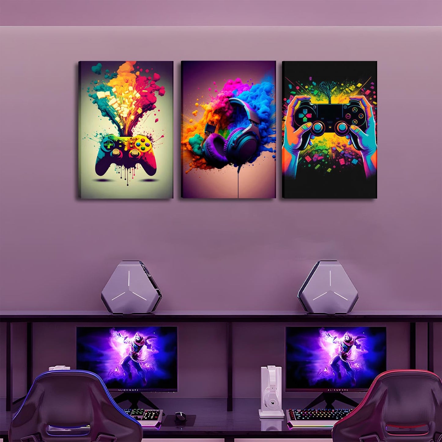 Gaming Room Decor Wall Art Set of 3 - Video Gaming Controller Gamer Wall Decor, Gaming Canvas Poster Room Decor for Boys Room Kids Game Room Bedroom 12x16 in Framed
