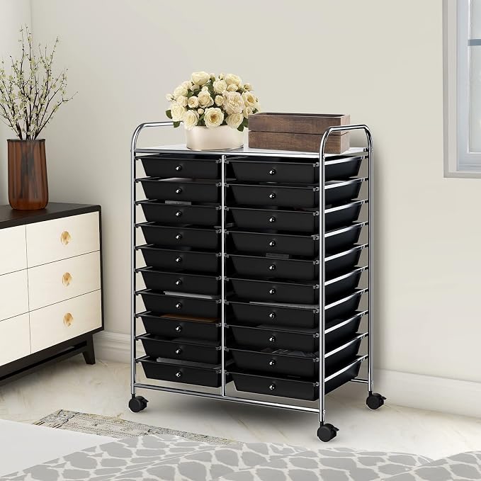 COSTWAY 20-Drawer Rolling Storage Cart, Utility Storage Organizer Cart for Tools, Scrapbook, Paper, Craft, Multipurpose Storage Trolley on Wheels for Home Office School (Black)