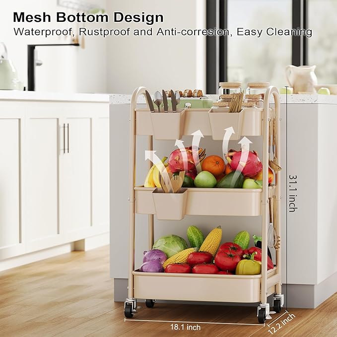 Beige 3 Tier Rolling Cart Metal on Wheels, Three Tiered Storage Organizer Utility Trolley with Wheels for Art, Craft, Baby Diaper Caddy, Snack, Book, Nail, Lash, Cleaning Supplies, Kitchen, Bathroom