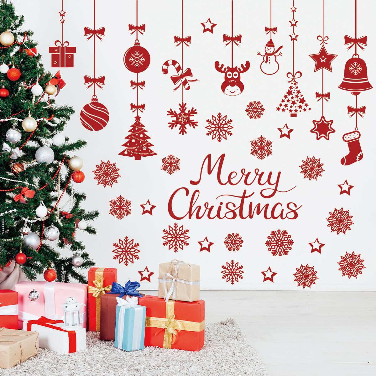 48.42 x 43.31 Inch Merry Christmas Wall Decal Christmas Light Ball Snowflake Deer Wall Sticker Decor for Xmas Holiday Party Supplies Home Wall Decor