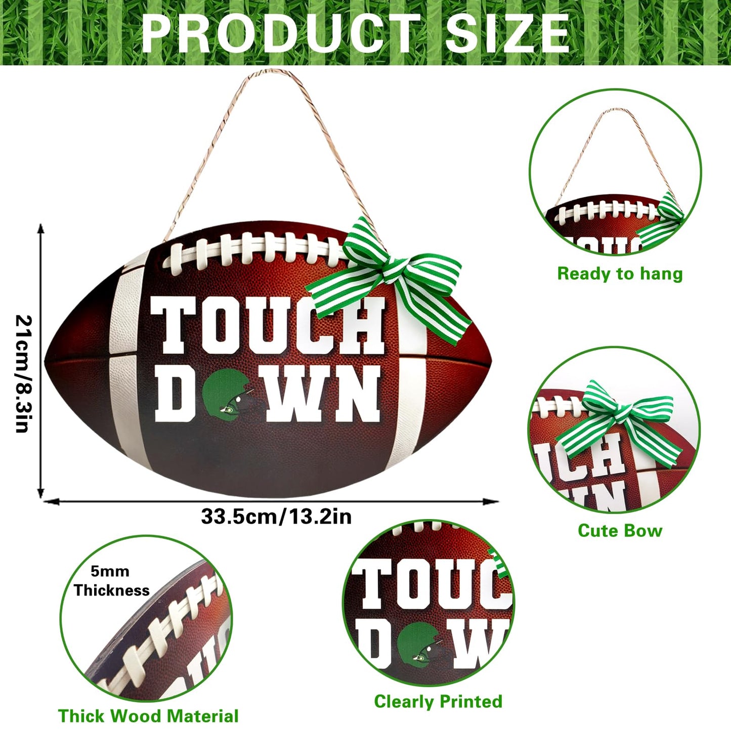 Football Touch Down Sign for Front Door Football Wooden Hanging Sign with Burlap Bow Football Season Wall Decor Farmhouse Football Rustic Wooden Wreath for Home Decorations