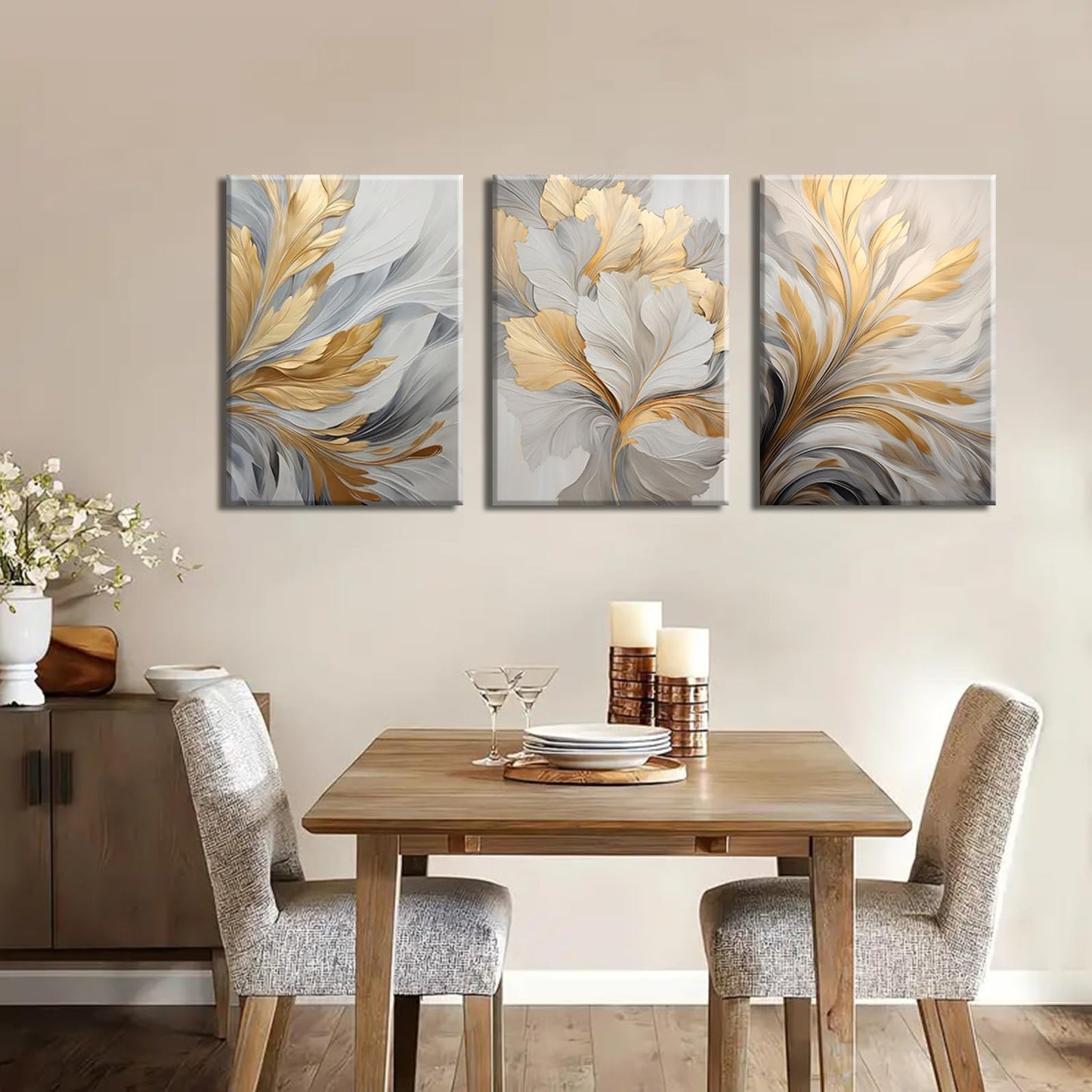 3Pcs Modern Abstract Golden White Leaves Canvas Wall Art Neutral Botanical Wall Decor Pictures Luxury Posters Prints for Living Room Bedroom Office Home Decorations, 12x16in