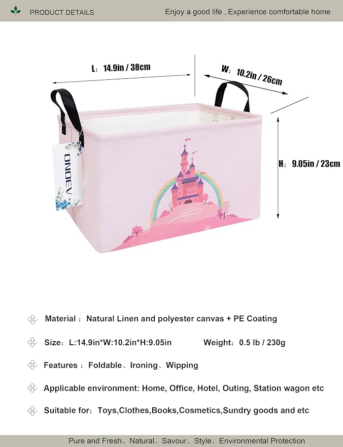 Rectangular Pink Princess Castle Storage Bin, Decorative Canvas Laundry Basket with Dual Handles, Foldable Household Organizer for Girls Bedroom Dorm