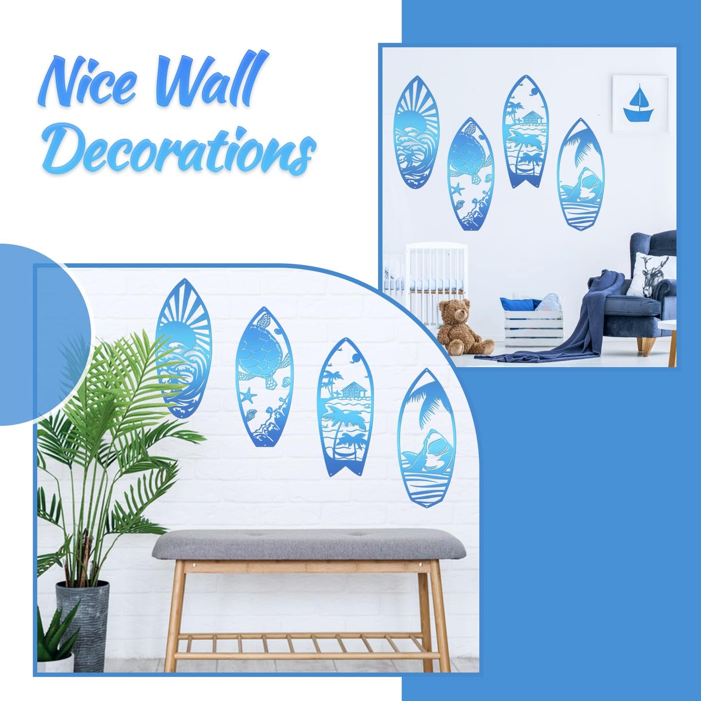 Beyoogeem 4Pcs Metal Surf Board Wall Decor Summer Surfboard Beach Signs Shark Palm Tree Wall Art Tropical Wall Decor Hanging Coastal Wall Decor Sea Turtle Wall Decoration for Wall Door (Blue)