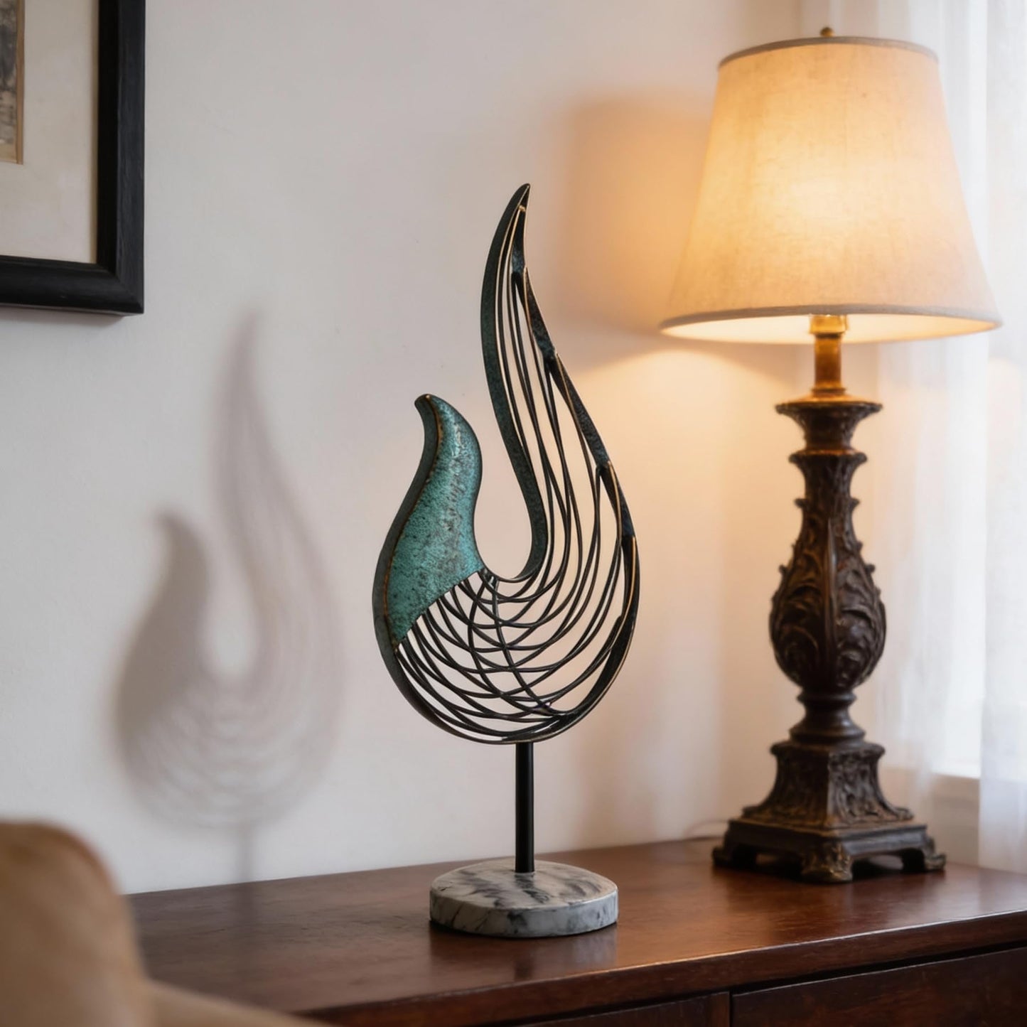 LNXMES Teal Abstract Bird Sculpture, Modern Metal Wireframe Art Decor with Base, Minimalist Home Decor Accent for Living Room Table, Office Desk, Shelf Display