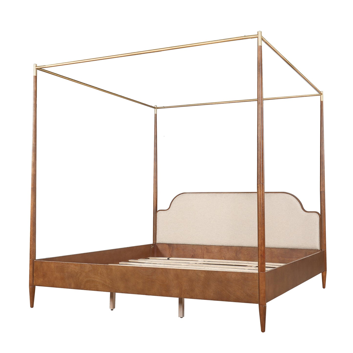 Christopher Knight Home Calos Canopy Bed Frame King Size with Upholstered Headboard, Solid Wood Four-Poster Platform Bed Frame, Wooden Slats Support, No Box Spring Needed, Easy Assembly, Brown
