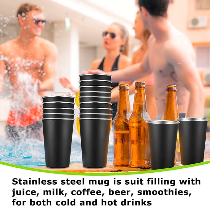 Mimorou 20 Pack 16 oz Stainless Steel Pint Cups Metal Cups Unbreakable Drinking Water Tumblers Stackable Tumbler for Adults Bar Home Restaurant Travel Picnic Camping Outdoor (Black)
