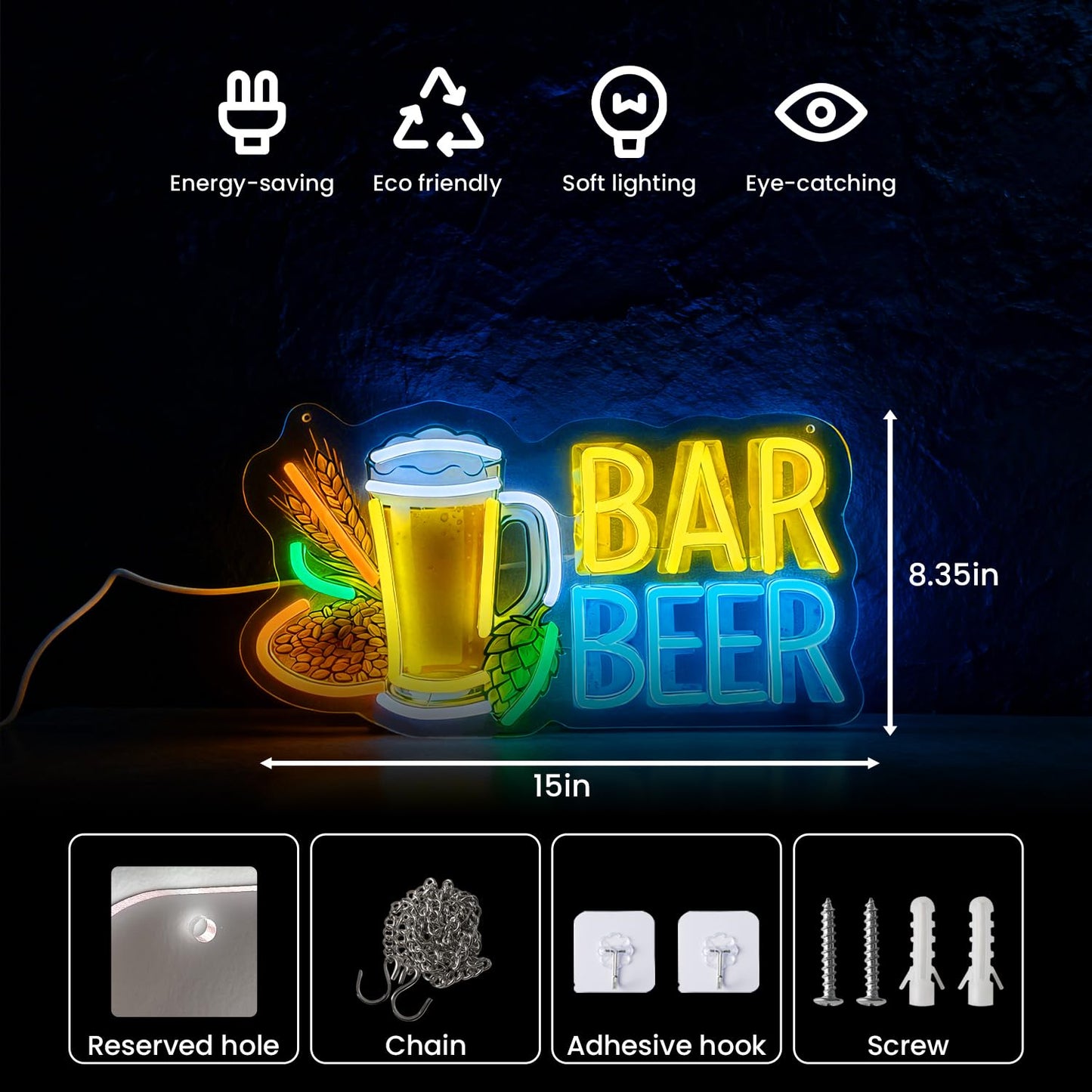 Neon Beer Signs, LED Beer Mug Sign Light Up Bar Signs for Beer Bar Restaurant Pub Bistro Club Party Man Cave Bedroom Kitchen Wall Decor, USB Power & Dimmable