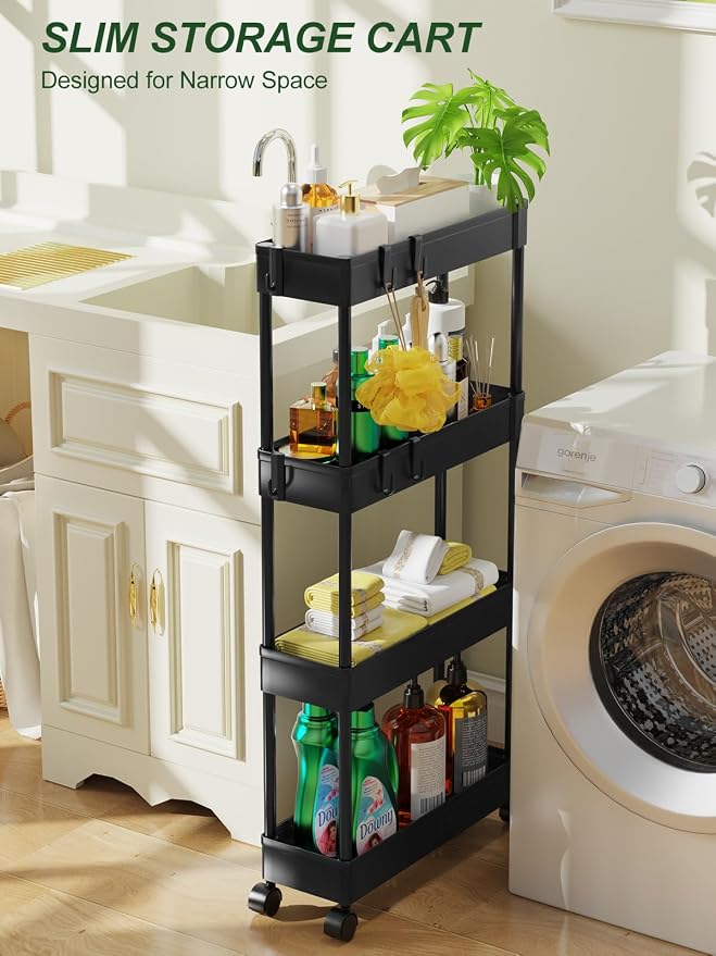 LEHOM 5.1Inch Slim Storage Cart - 4 Tiers Bathroom Organizer Mobile Shelving Unit Storage Rolling Utility Cart Slide Out Organizer for Kitchen Bathroom Laundry Narrow Places, Black U4
