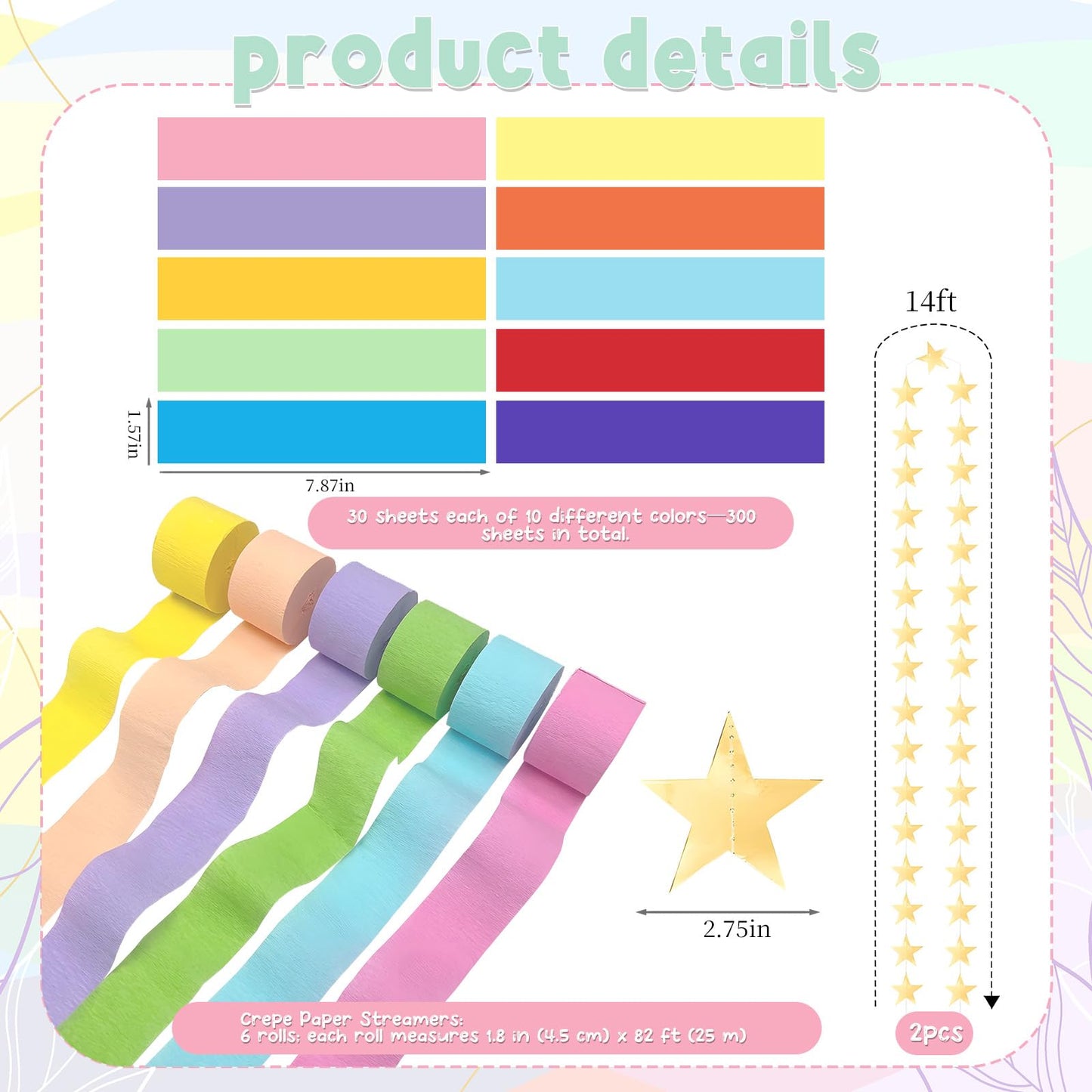 Yquqwn Pastel Paper Chain Garland Kit - 492ft Crepe Paper Streamers & 300 Sheets Paper Strips for Chains - 26ft Double-Sided Gold Star Garland for Birthday, Wedding, Macaron Party Decorations