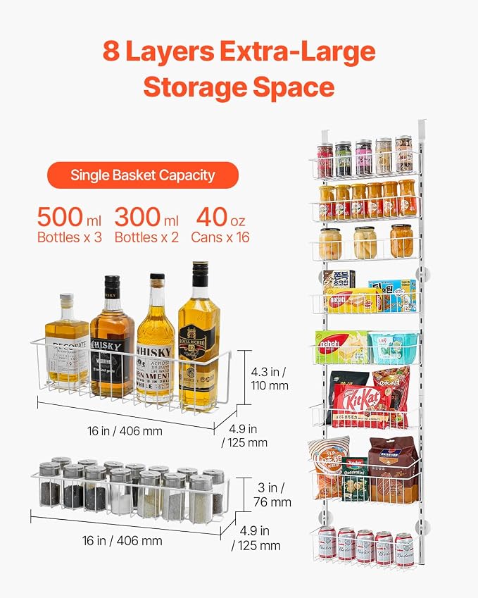 VEVOR Over the Door Pantry Organizer, 8-Tier Pantry Organization and Storage, Heavy-Duty Steel Hanging Spice Rack, Adjustable Wall Seasoning Shelves, for Home Kitchen Laundry Room Bathroom, White