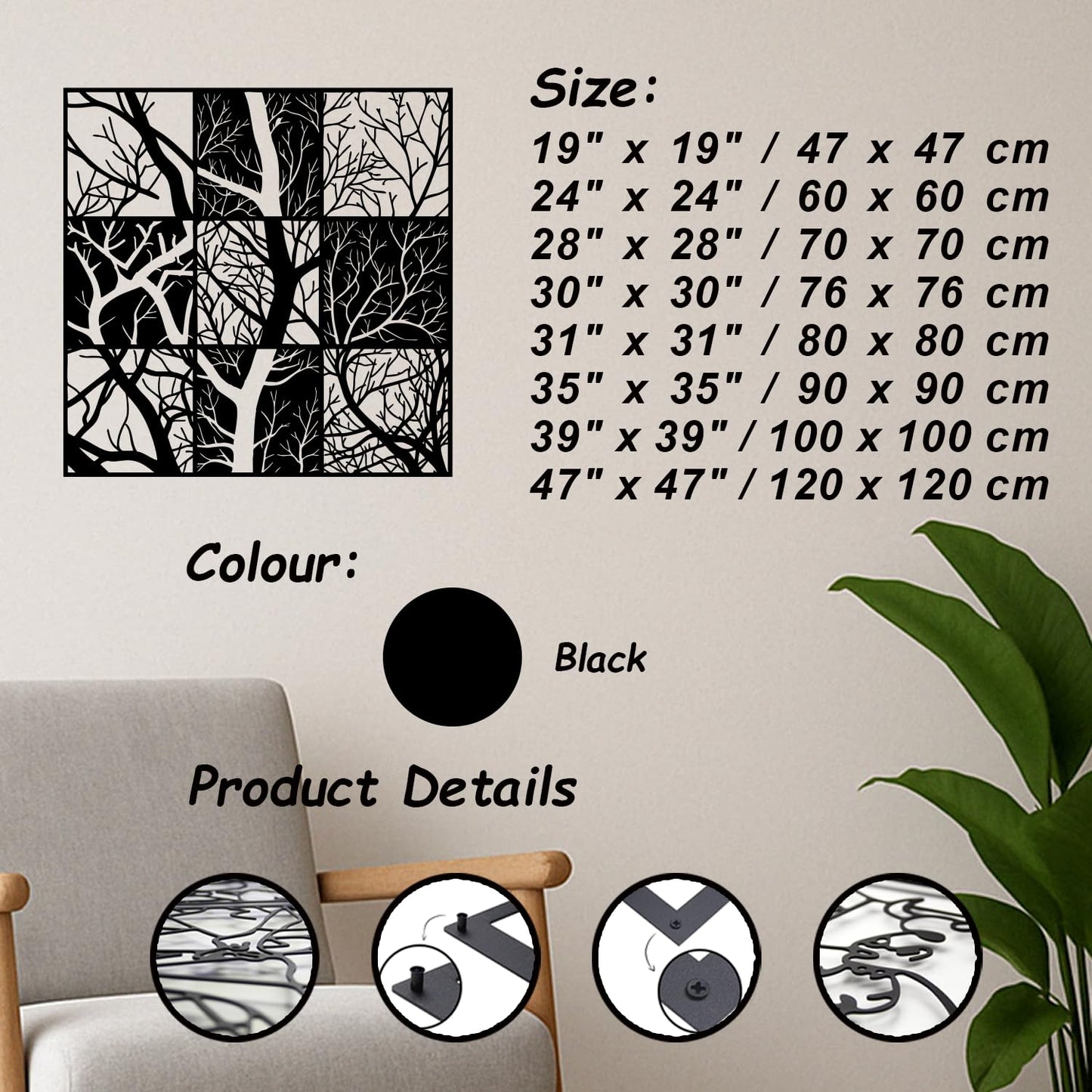 Modern Tree Branch Metal Wall Art Abstract Black and White Sculpture for Living Room, Office, Hallway, Nature-Inspired Home Decor (Black, 35" x 35" / 90 x 90 cm)