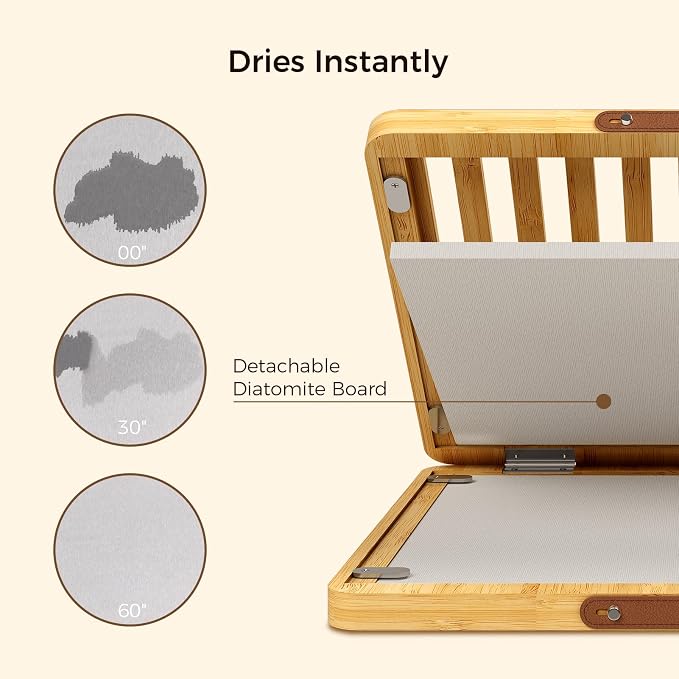 Wealone Stone Dish Drying Mat for Kitchen Counter, Fast Drying Diatomaceous Earth Stone Mat, Bamboo Foldable Case Design Pad Dish Rack, Water Absorbing Instant Dry Sink Rack for Dishes, Cups and More