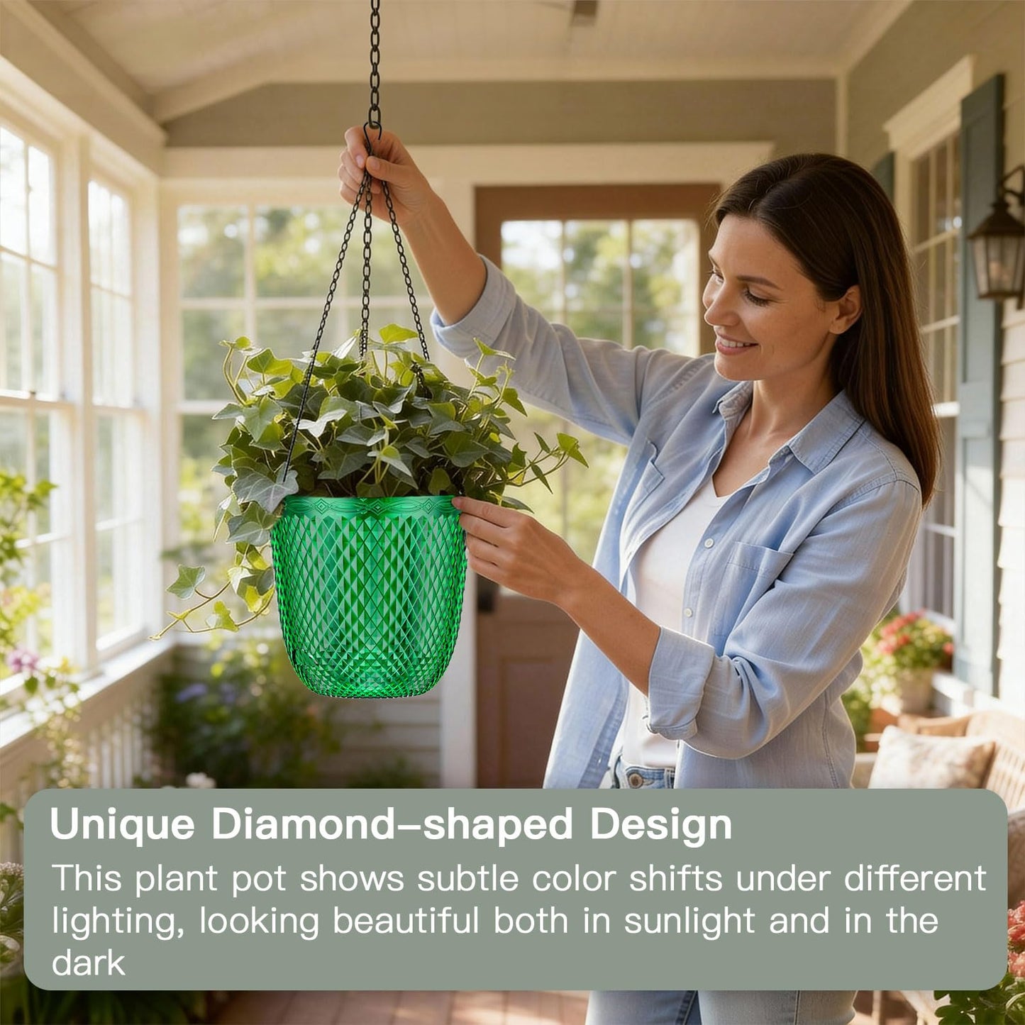 QCQHDU Hanging Planters for Indoor Plants, 2-Pack 7.2 Inch Self Watering Hanging Pots, Plastic Plant Hanger with Drainage Holes and 3 Hooks Chains for Garden Home (Emerald)