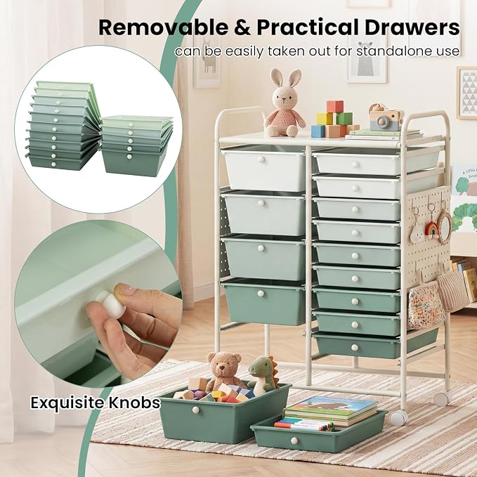 GOFLAME 15-Drawer Rolling Storage Cart with Pegboard, Craft Storage Cart with Lockable Wheels and Metal Frame, Art Cart Supply Storage Organizer for Home Office Classroom, Green Gradient