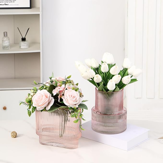 Pink Glass Vases, Set of 2 Ribbed Vases for Flowers, Pink Vase for Tulips, Modern Glass Vase for Living Room, Dining Table, Office, Entryway, Mantle, Bookshelf, Wedding Gifts