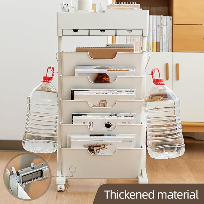 5 Tier Rolling Book Cart Multi-Functional Movable Storage Bookshelves with Lockable Wheels for Study Office Library Classroom, White (Whtie, with Wheel)