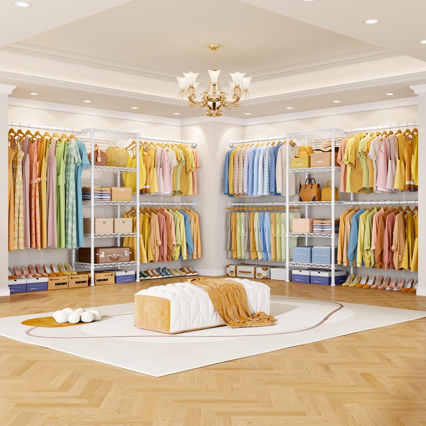 Ulif M2 Wall Mounted Closet System, Clothes Rack Mounted onto the Wall with 4 Expandable Hanger Rods and 5 Metal Shelves, Clothing Organizer Storage in (70.8-102.3)" L x 14.5" D x 71.2" H, White