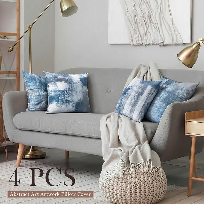 Set of 4 Blue and Grey Abstract Art Artwork Pillow Cover 20 x 20 Inch, Gallery Modern Decorative Throw Pillows Cushion Cover for Bedroom Sofa Living Room