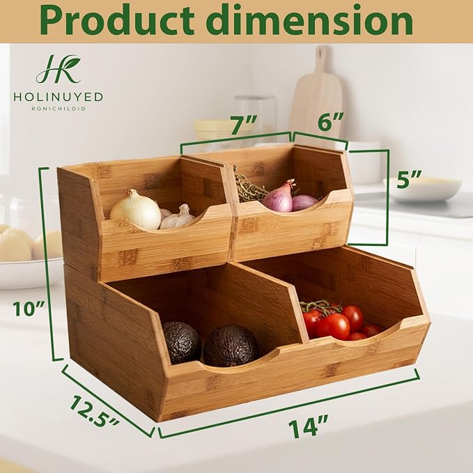 Bamboo Pantry Storage Bins Set of 3, Stackable Potato and Onion Storage Bin, Produce Organizer for Pantry, Wooden Fruit Vegetable Storage Bins with Handles & Slide-Out Access