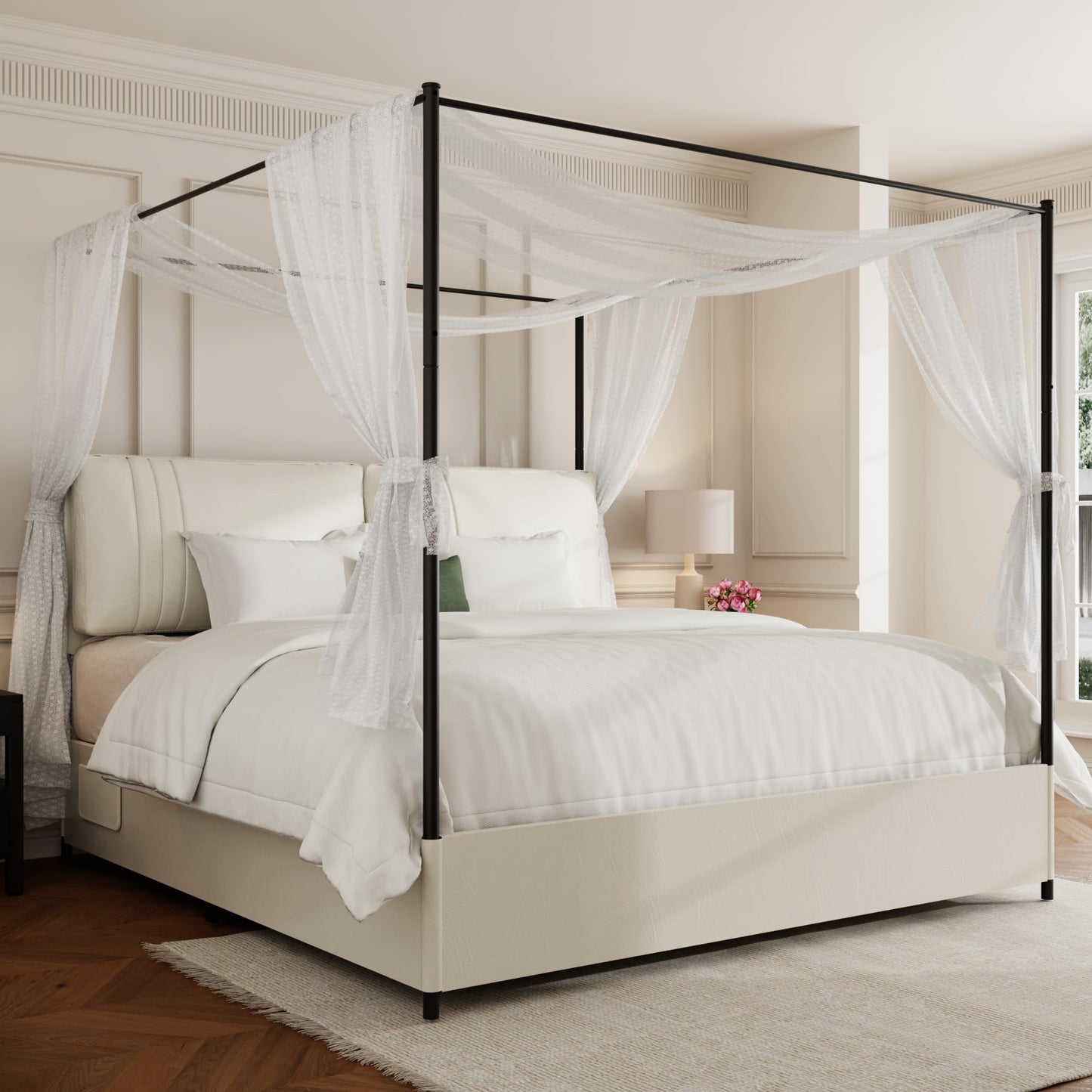 SAMTRA Modern Canopy Bed Frame with Upholstered Faux Leather Headboard – Tall Four Poster Metal Platform Bed, No Box Spring Needed, King Size, Rustic White