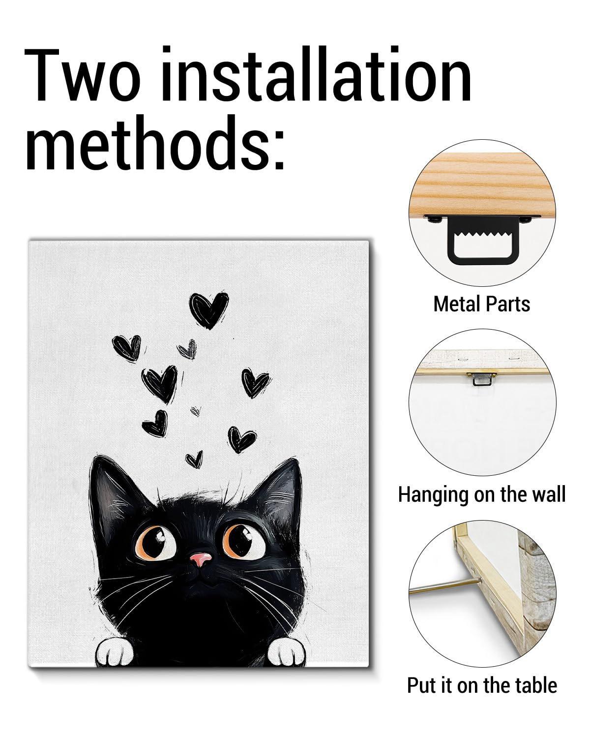 Cute Cartton Cat Canvas Wall Art Black Kitten Print Poster Framed Painting for Home Living Room Bedroom Wall Decor 8x10 Inch, Cat Lover Gifts