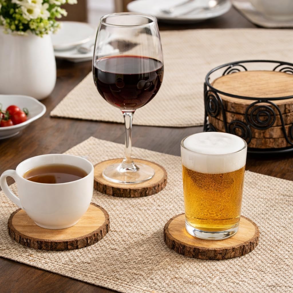 Wooden Coasters Set of 4 with Natural Bark Edge – Rustic Wood Drink Coasters for Coffee, Tea, Wine Glasses – Heat Resistant Table Protection – Farmhouse Home Kitchen Décor Gift