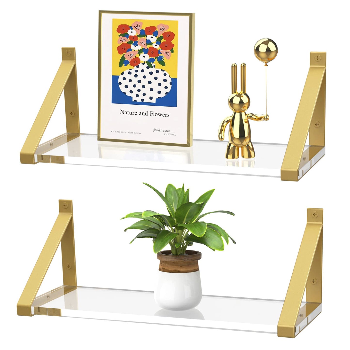 Cilinta Clear Shelves, Gold Floating Shelves Wall Mounted Set of 2, 8mm Transparent Acrylic, Invisible Wall Shelves for Bedroom, Living Room, Bathroom, Kitchen, Office Display Decor (13in)