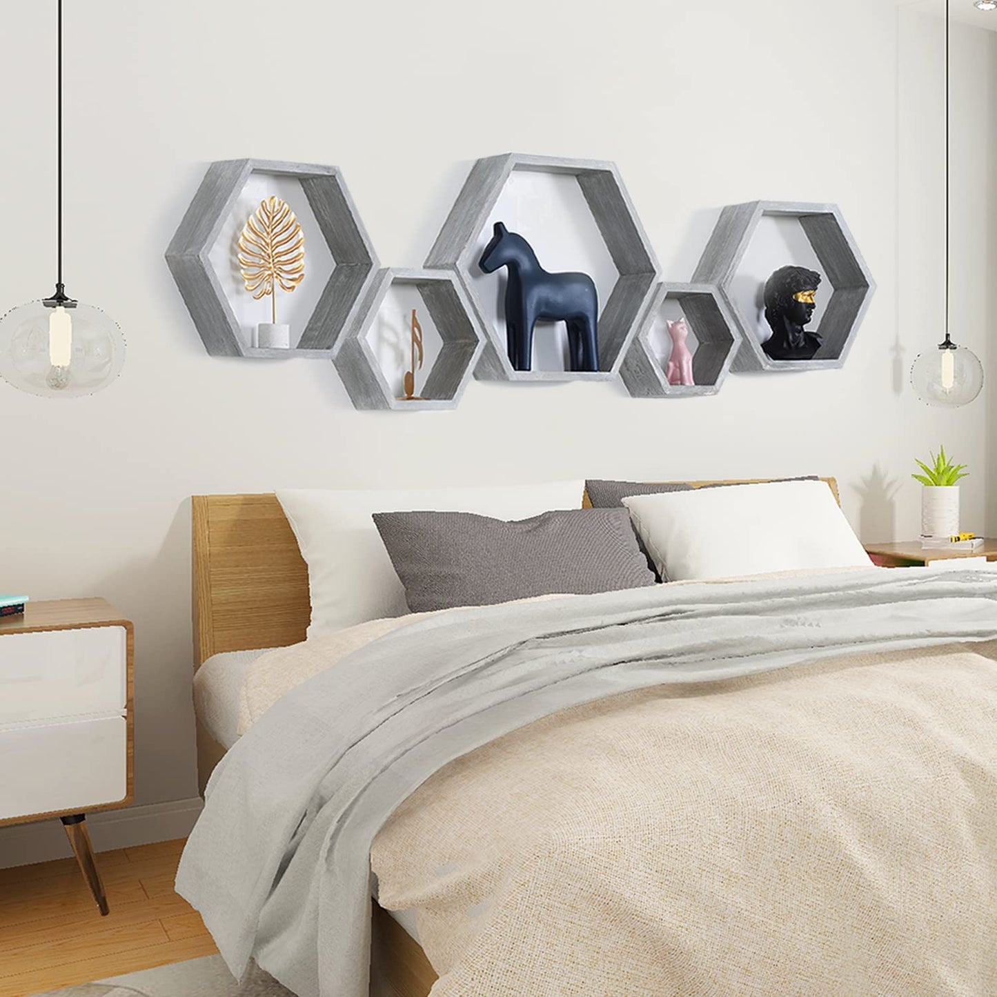 PHOENANCEE Hexagon Floating Shelves,Wall Mounted Wood Farmhouse Storage Honeycomb Wall Shelf Set of 5,for Bathroom, Kitchen, Bedroom, Living Room,Office,Driftwood Finish (Vintage Grey)