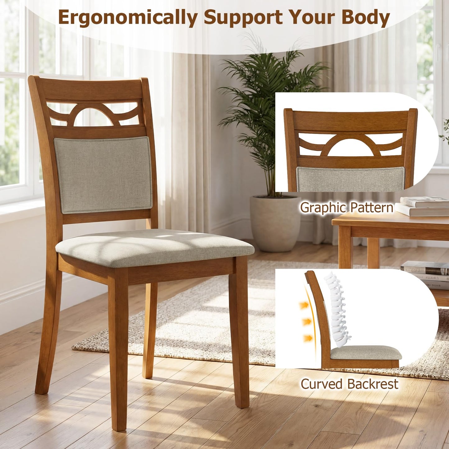 Giantex Wooden Dining Chairs Set of 4, Farmhouse Side Chairs w/Solid Rubber Wood Frames, Comfortable Backrests, Upholstered Fabric Kitchen Chairs, Perfect for Dining Room, Restaurant