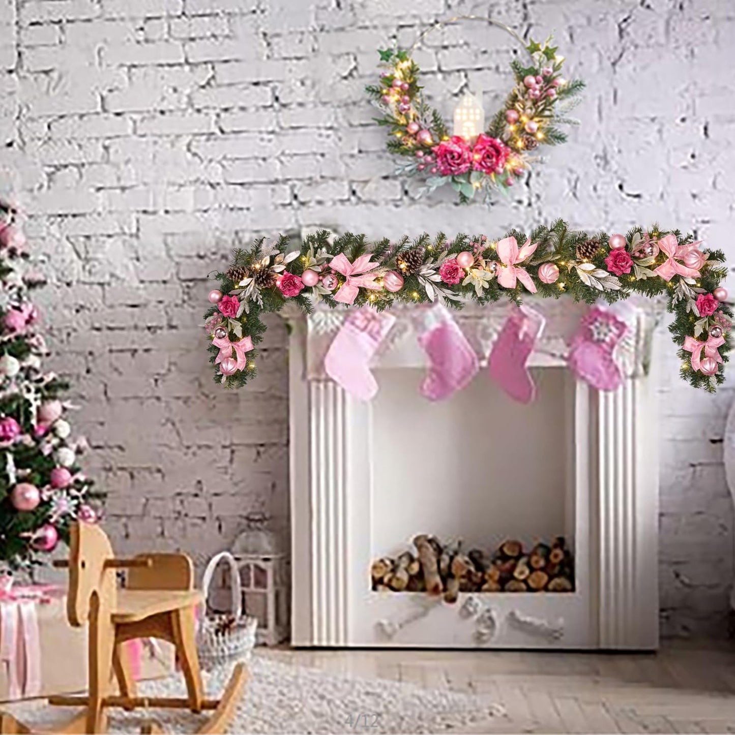 6 feet Christmas Pink Garland for Front Door with 30 LED Lights,Festive Lighted Holiday Decor,prelit Mantel Garland withTimer,Stair and Fireplace Pink Rose Decoration for Christmas and Wedding