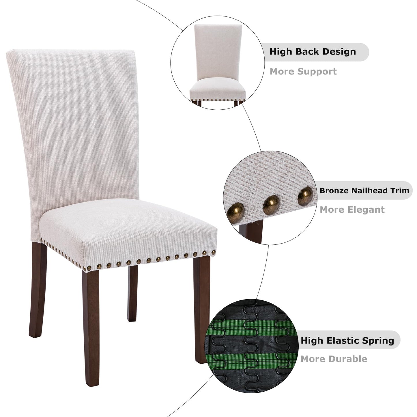 COLAMY Upholstered Fabric Dining Chairs Set of 6, High Back Padded Chairs with Nailed Trim & Solid Wood Legs, Classic Parsons Chairs Side Chair for Home/Kitchen/Living Room-Beige