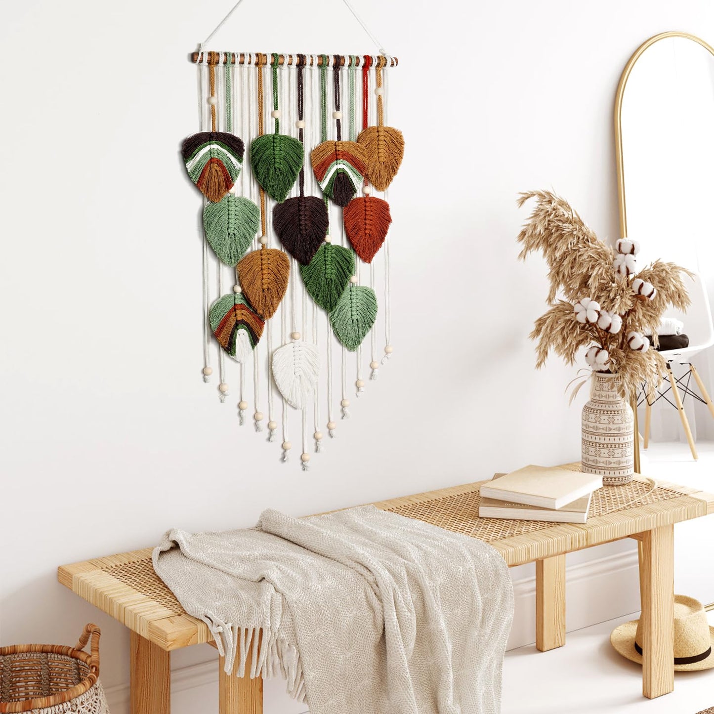 MEIVINES Macrame Wall Hanging Boho Woven Tapestry,Chic Home Decor Modern Bohemian Handmade Leaf Feather Tapestry Wall Art Decor for Bedroom Living Room Nursery Apartment Backdrop 16 X 34 Inch