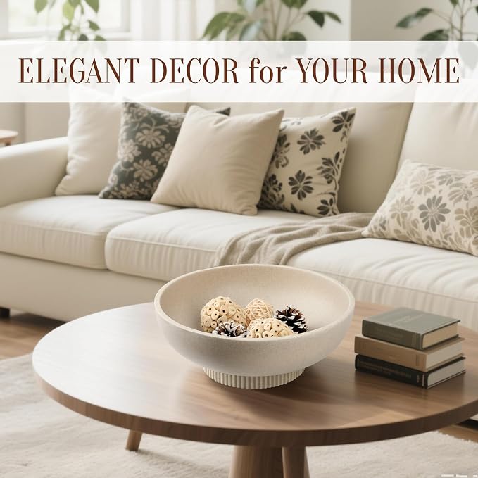 Deobath Large Resin Pedestal Decorative Bowl - Modern Handicraft Bowls for Home Decor - Fruit Bowl for Kitchen Counter - Key Bowl for Entryway Table,Artificial Stone Beige