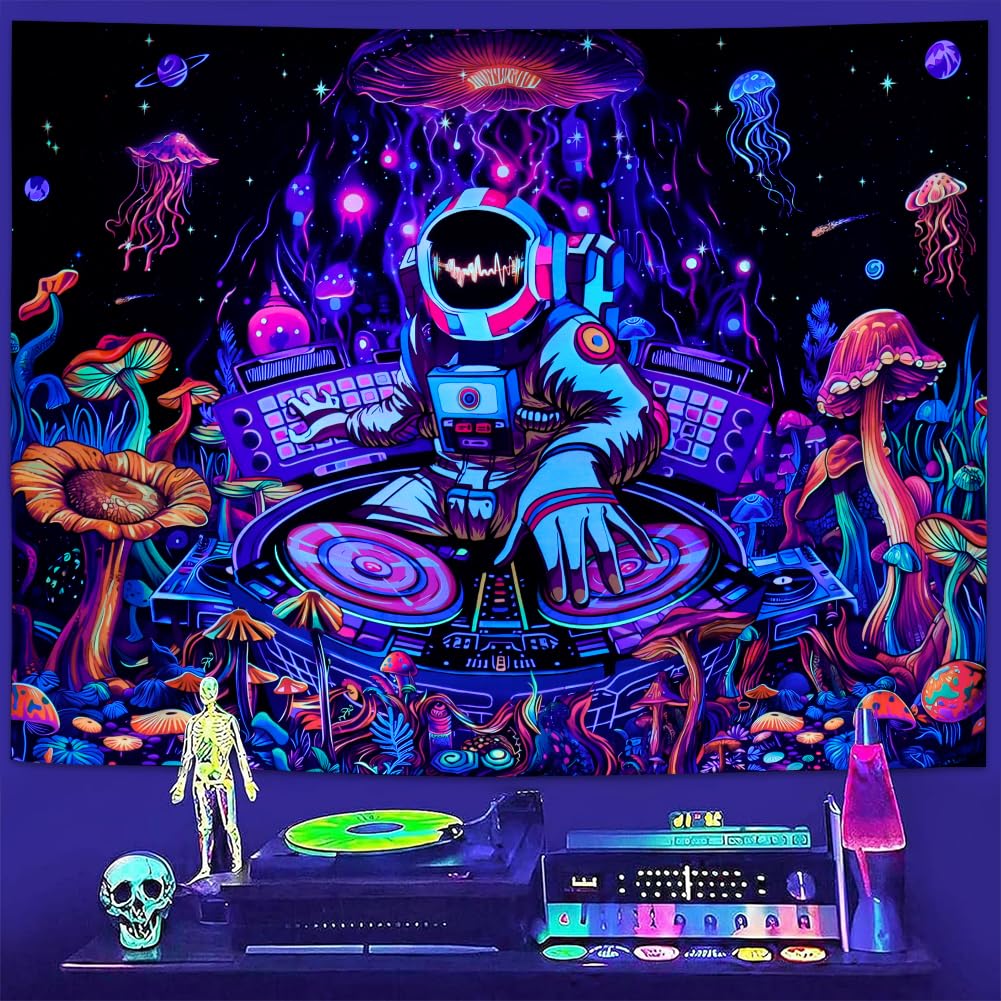 Amhokhui Blacklight Astronaut Tapestry UV Reactive Funny DJ Music Tapestry Trippy Aesthetic Tapestriesy Galaxy Space Tapestries Flower Wall Hanging Decor for Home