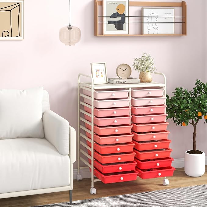 COSTWAY 20-Drawer Rolling Storage Cart, Utility Storage Organizer Cart for Tools, Scrapbook, Paper, Craft, Multipurpose Storage Trolley on Wheels for Home Office School, Mixed Pink