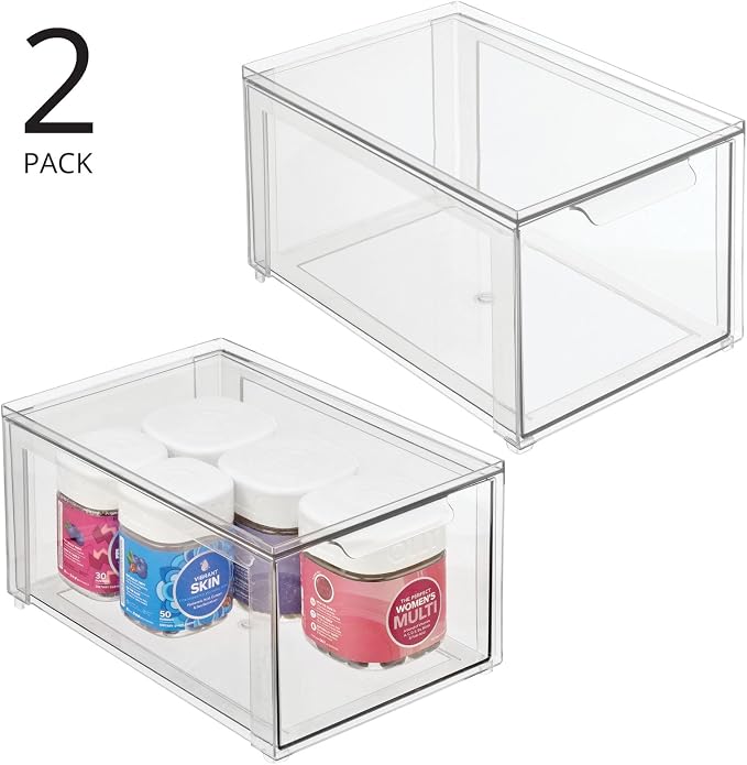 mDesign Plastic Stackable Bathroom Storage with Pull Out Bin Organizer Drawer for Cabinet, Vanity, Shelf, Cupboard, Cabinet, or Closet Organization - Lumiere Collection - 2 Pack - Clear