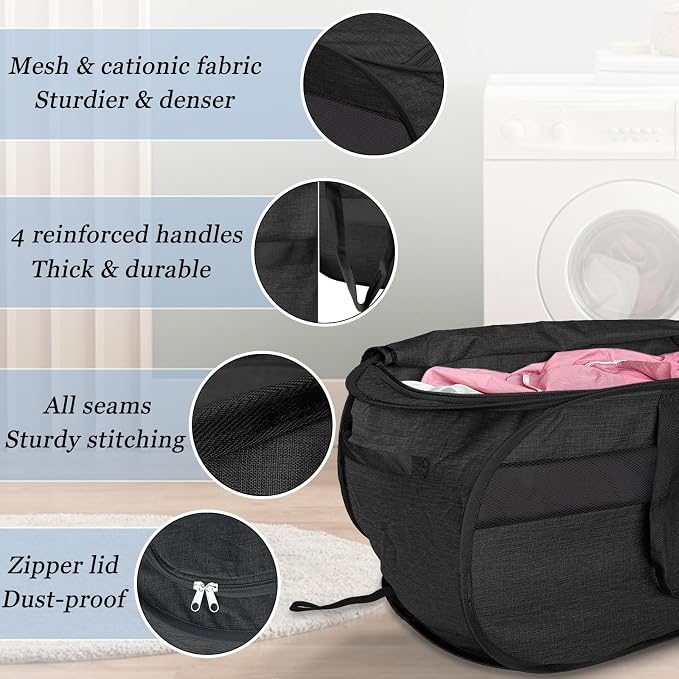 100L Extra Large Mesh Pop Up Laundry Hamper with Lid & Handles 2 Pack, XL Foldable Dirty Clothes Basket for Home Dorm Closet Storage, Portable Laundry Bin, Black. 2H