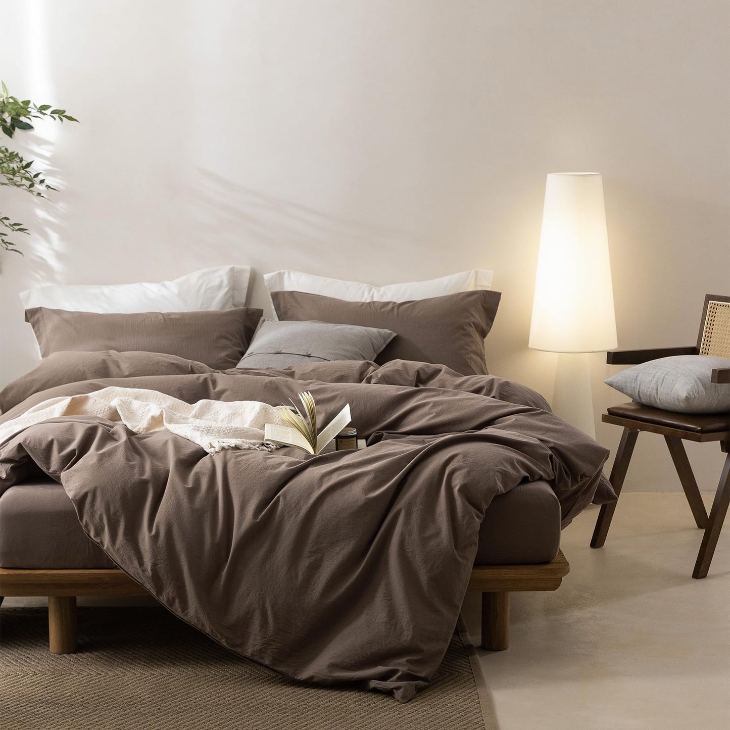 BDEAR 3 Pieces Light Chocolate Brown Duvet Cover Set Queen Size 90'' L x 90'' W, 100% Washed Cotton Duvet Cover with Zipper Closure Plus 2 Pillowcases, Oeko TEX Standard Certificated