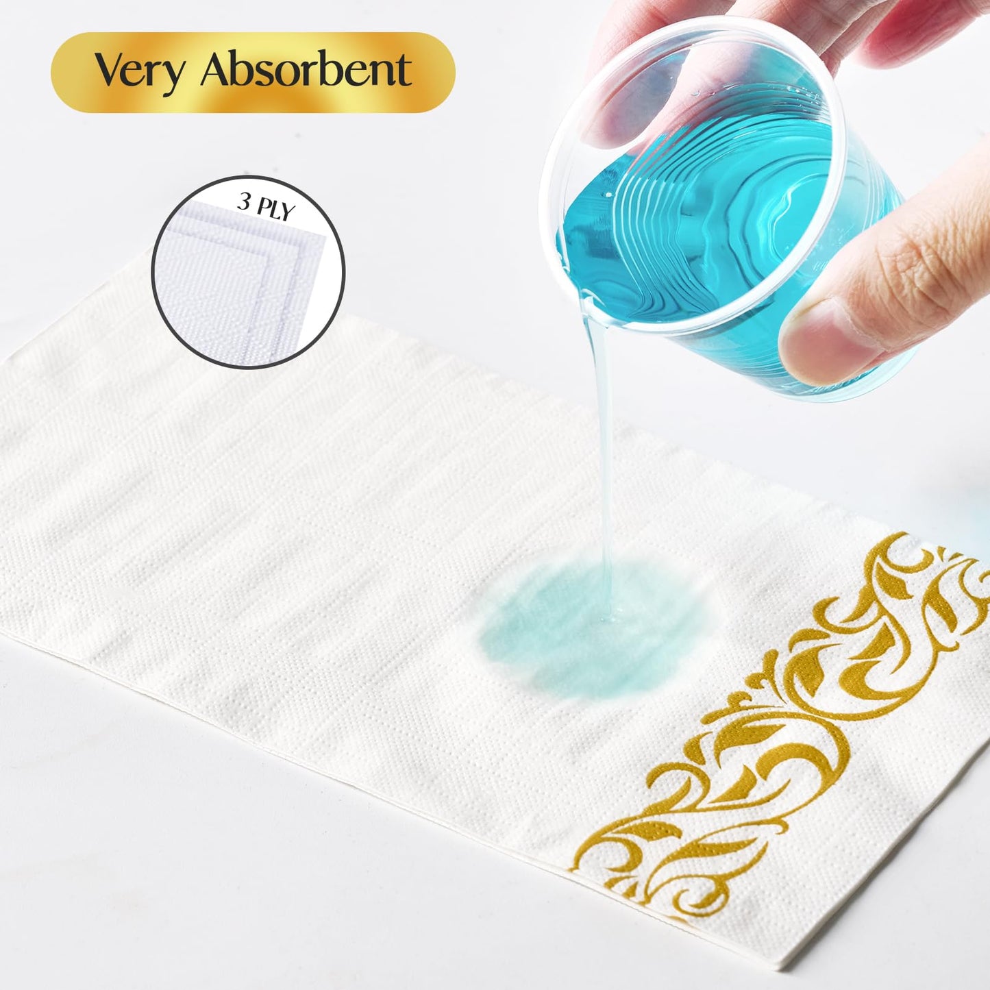 Vplus 200 Pack Paper Napkins Guest Towels Disposable Premium Quality 3-ply Dinner Napkins Disposable Soft, Absorbent, Perfect for Kitchen, Wedding, Parties, Dinners or Events (Gold)