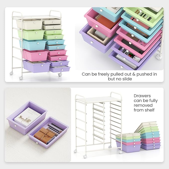 Giantex 15 Drawer Rolling Cart with Drawers, Storage Organizer Cart for Classroom Office School Teacher, Mobile Drawer Cart for Tools, Crafts, Small Printer, Paper, Pastel Ice Cream